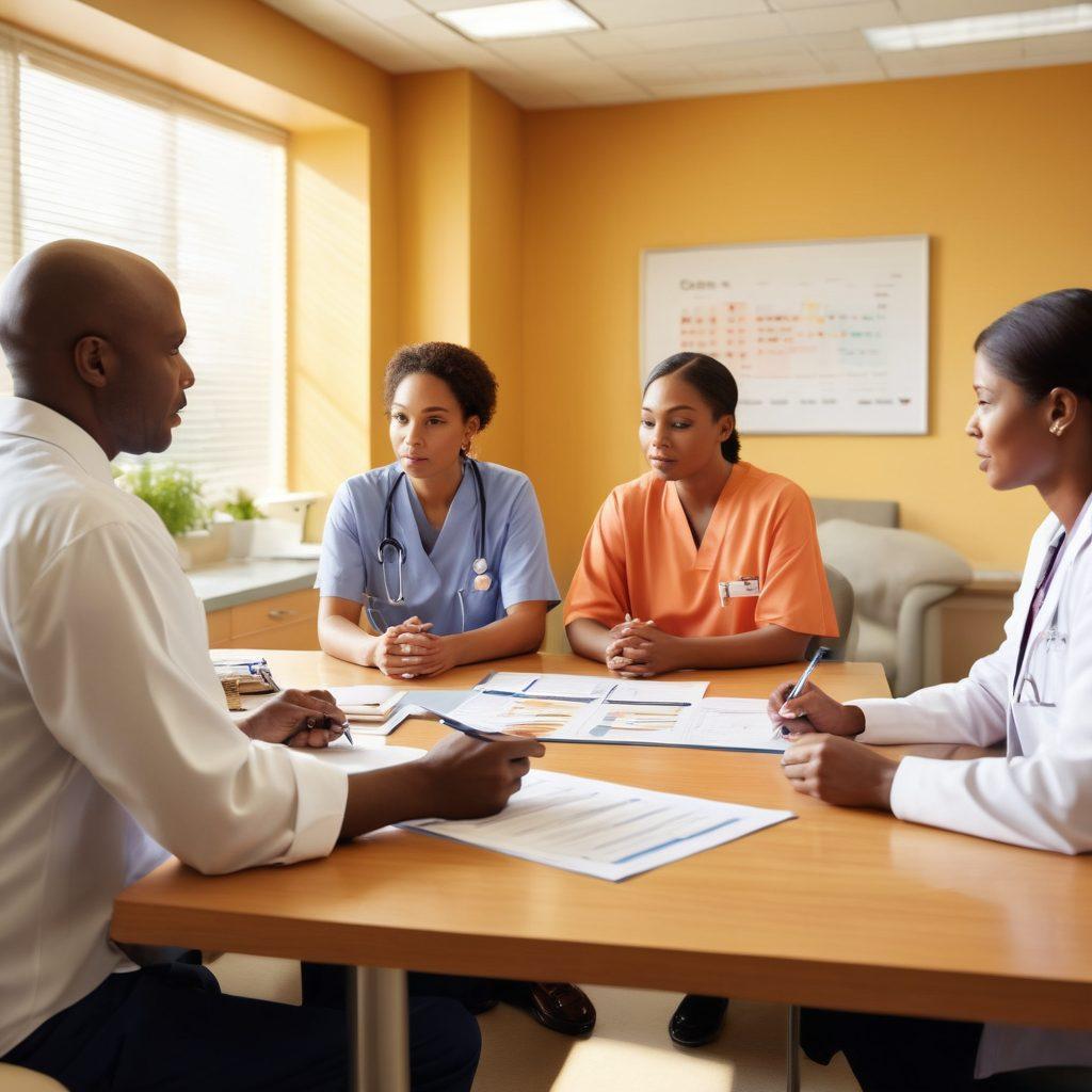 A compassionate scene depicting a diverse group of patients receiving support in an oncology setting, showcasing them consulting with a financial advisor and a legal expert. Include uplifting elements like a warm color palette, charts, and informational resources spread across a table. The background features a hospital or clinic environment with natural light streaming in. super-realistic. vibrant colors.