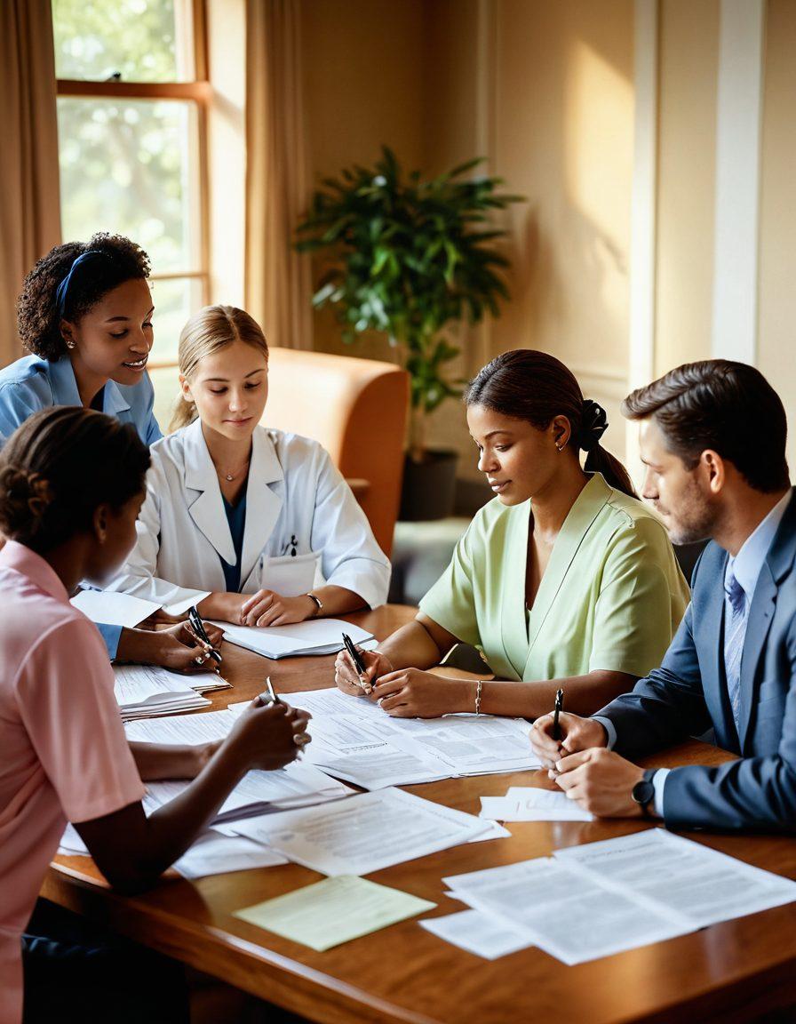 A compassionate scene depicting a diverse group of people gathered around a table, discussing financial documents and legal papers, symbolizing support and guidance in oncology. Soft light illuminating their faces, showcasing hope and collaboration, with a backdrop of a serene healthcare environment. Incorporate symbols of advocacy and care, like ribbons and supportive literature. super-realistic. warm colors. inviting atmosphere.
