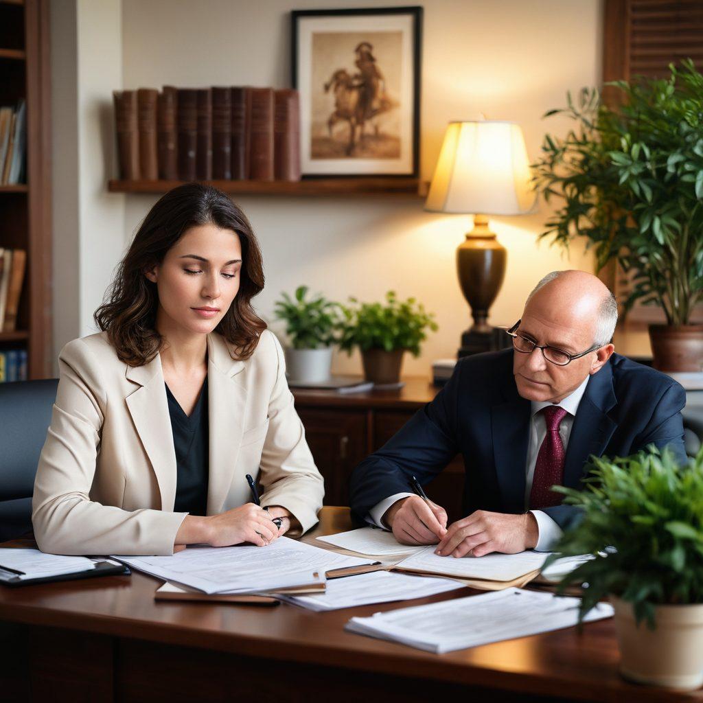 A compassionate lawyer sitting across from a worried patient, reviewing bankruptcy documents together in a cozy office. The background features law books and a potted plant for a touch of warmth. The patient's expression shows concern, while the lawyer conveys reassurance and professionalism. The scene is illuminated by soft, natural light, creating a warm ambiance. super-realistic. warm colors. 3D.